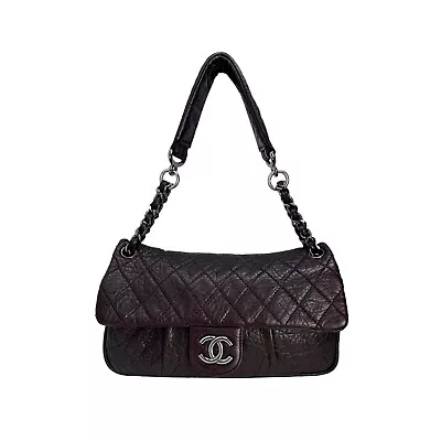 CHANEL Dark Purple Leather Lady Braid Chain Flap Quilted Distressed Lambskin Bag • $2650