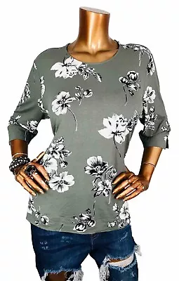 J.Jill XL Top Stretch Floral Soft Easy Wear Blouse Olive Black White 3/4Sl Shirt • £20.24