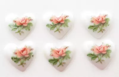 Vintage Heart Cameos Pink Rose On White Glass 7.5mm Cabochons - Qty 6 • $2.62