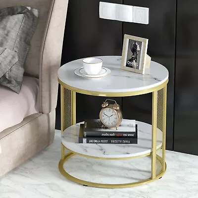 Marble End Side Table Round Two Storage Shelves For Versatile Sofa Snack Couch • $69.96