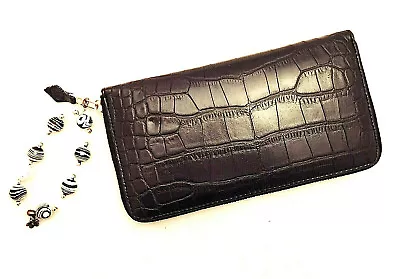 J HELEN - Black Crocodile Embossed Leather Wallet W Murano Glass Bracelet Charm • $100