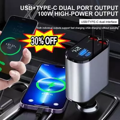 100W Retractable Car Charger Cable Dual Port USB C For IPhone 14 13 12 11 • £14.98