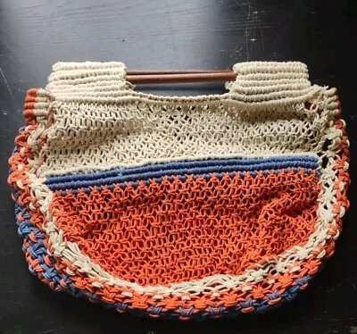 ZARA Bucket Bag MACRAME Cotton Crochet Net Tote Wooden Handle Handbag • $19