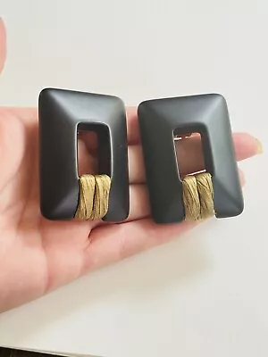 VTG Black Large Earrings Lucite Chunky Statement Retro Rare Clip Rectangle 80s • $28