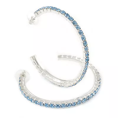 £14.60 • Buy Large Sky Blue Austrian Crystal Hoop Earrings In Rhodium Plating - 6cm D