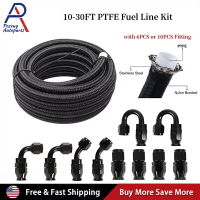 6AN-8AN-10AN Black Nylon E85 PTFE Fuel Line 10-30FT W/6 Or 10 Fittings Hose Kit • $43.89