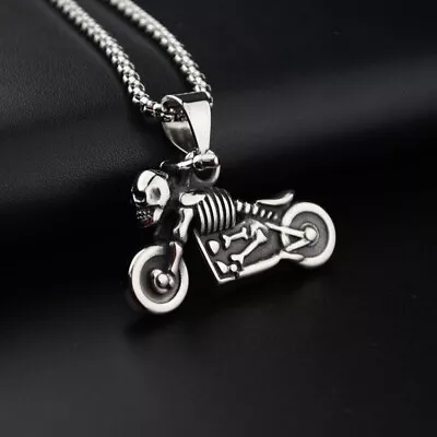Mens Gothic Punk Skull Motorcycle Pendant Necklace Stainless Steel Box Chain 24  • $11.99