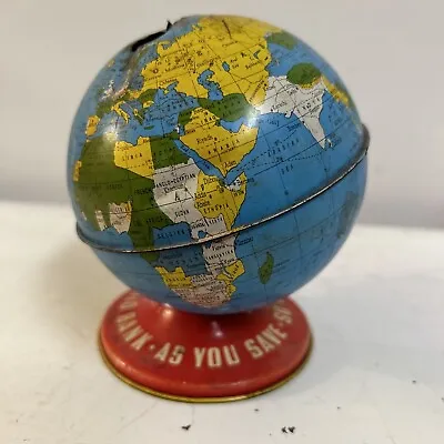 Vintage Old World Globe Tin Coin Bank Ohio Art Co W Plug As You Save You Prosper • $11.13