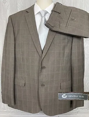 Caravelli Slim Men's 3 Piece Suit Brown Plaid 44R Pants 38x27 (r1) • $89