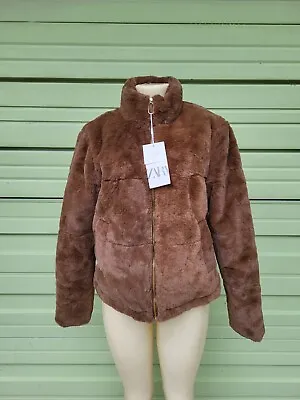 ZARA Brown FAUX FUR JACKET  ZIP FRONT XS 8073 033 706 #C1164 • $79.90