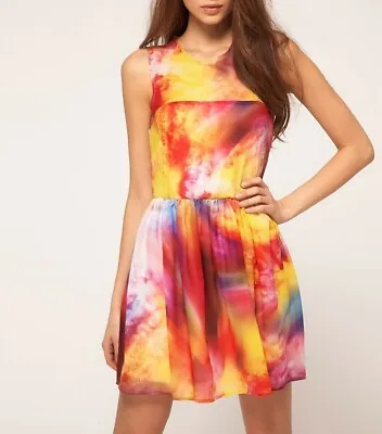 $30 • Buy New ASOS Rainbow Watercolour Chiffon Fit And Flare Mini Skater Dress Size 16