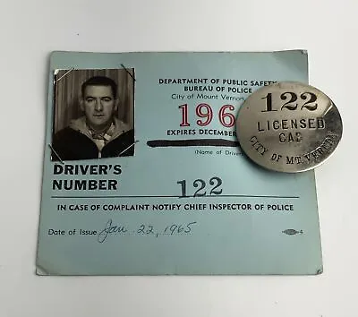 $65 • Buy Vintage City Of Mt. Vernon N.Y. Taxi Cab Driver License Photo & Badge