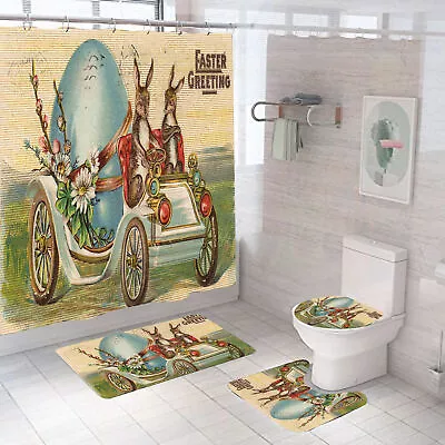 Easter Greetings Bunny Eggs Waterproof Shower Curtain Bath Mat Toilet Cover Set • $36.99