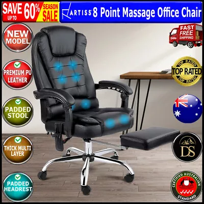 Artiss 8 Point Massage Office Chair Heated Reclining Gaming Office Chairs Black • $149.64