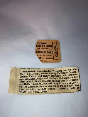 Original 1980's NWA Mid-Atlantic Wrestling Ticket Stub W/ Newspaper Clipping WWE • $29.99