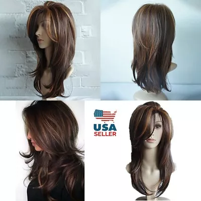 Dark Brown W/Gold Highlight Ombre Shoulder Length Wig Women Synthetic Curly Hair • $13.05