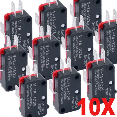 10PCS Snap Action Button Micro Limit Switch V-15-1C25 SPDT Momentary AC 250V 15A • $10.49