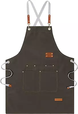 Chef Aprons For Men Women With Large Pockets Cotton Canvas Cross Back Adjustabl • $19.30