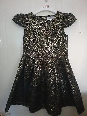 Girls Black & Gold Jacquard Dress Cap Sleeves Zip Closure 5-6 Years • £12.99