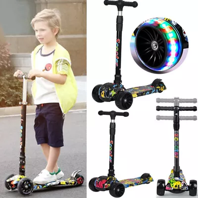 Kids Scooter Child Kick Flashing LED Light Up 3 Wheel Push Adjustable Folding • £20.99