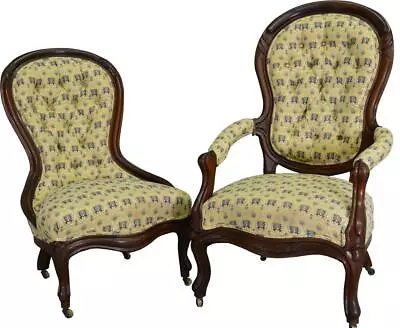 Antique Parlor Chairs Victorian Pair Carved Upholstered Chairs #17567 • $875