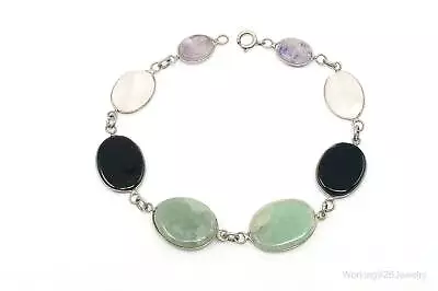 Vintage Moonstone Onyx Jade Sterling Silver Gemstone Bracelet • $115