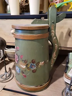 Vintage Firkin Pitcher Wood Hand Painted  Flowers Wood Straps Handle Toleware • $38