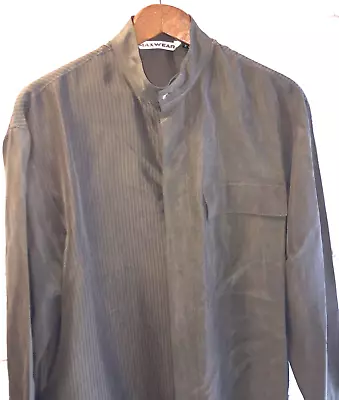 MAXWEAR 100% Silk Mens Size M Shirt  Button Up Green With Black Pinstripes Nehru • $21.95