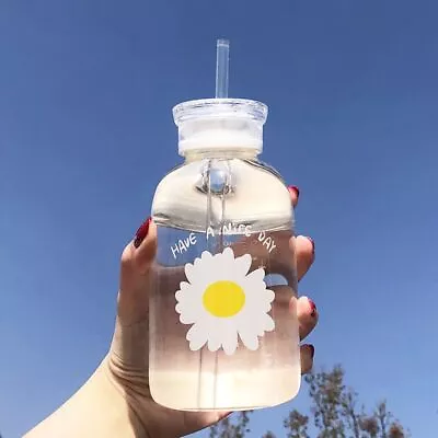 £10.21 • Buy Cute Glass Water Bottle Double Lid Straw Leakproof Portable  Travel Drinking Cup