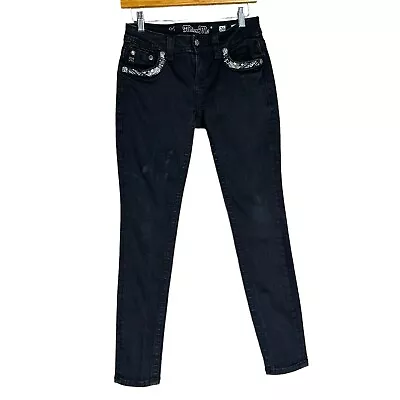 Miss Me Jeans Womens Size 26 Black Denim Signature Skinny Embroidered Rhinestone • $28.45