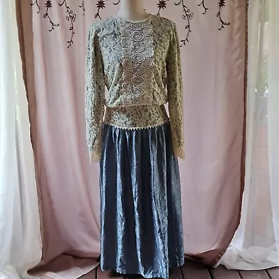 Vtg Jessica McClintock Dress Womans 10 Blue Silk Lace Overlay CottageCore Praire • $65