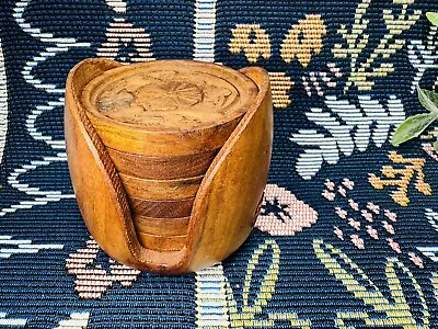 Vintage 6 Wooden Coasters Teak Wood Handmade Carved Flowers Made In INDIA • $18