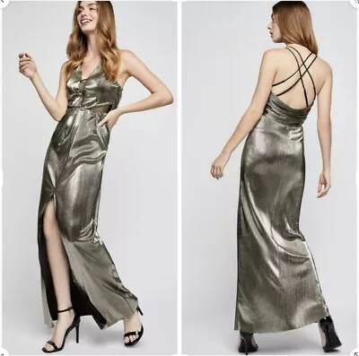 NWT BCBG  Metallic Pleated Front Slit Cut Out Foil/Mesh Dress Size 4 • $49.99