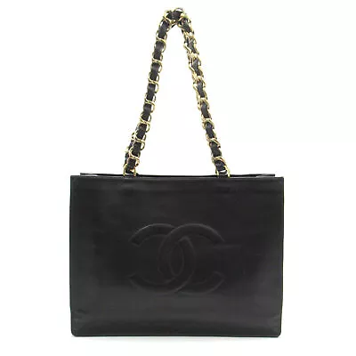 CHANEL COCO Mark Chain Tote Hand Bag Lamb Leather Black Used Women CC • $3118.87