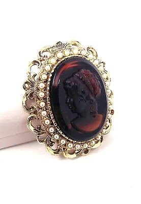 Vtg Large GT Intaglio Cameo Brooch Pin With Faux Brown Topaz & Tiny Pearls • $15