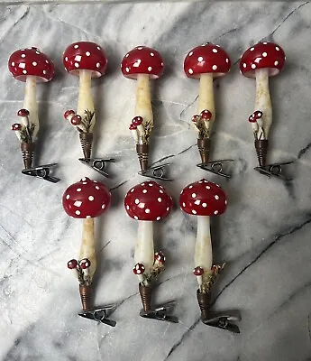 Antique Handblown German Mushroom Clip On Set Of Eight Christmas Ornaments ￼ • $160