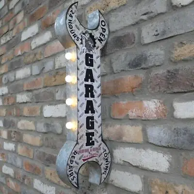 Garage Light Up Sign Tin Metal LED Decor Man Cave Spanner Retro Vintage Plaque • £36.99