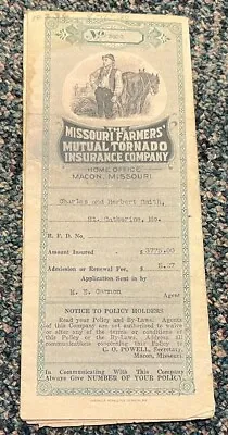1925 Missouri Farmers' Tornado Insurance - Charles & Herbert Smith St Catherine • $16