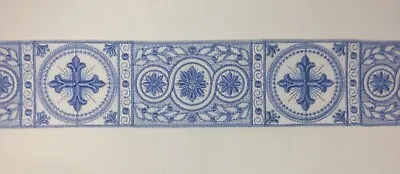 Orphrey Vintage Cross Blue On White Vestment Banding 3-1/4'' Wide Sold By Yard • $12