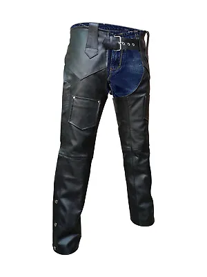 Mens Bikers Chaps Jeans Real Black Leather Motorcycle Trouser Pants • $89.63
