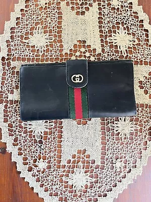 Vintage 80s Gucci Continental Calf Skin Leather Stripe Checkbook Wallet Clutch • $170