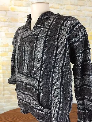 Vintage Mexican Made Men's Baja Poncho Hoodie Black & Gray Size Medium A27 • $24.76