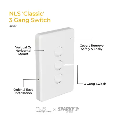 NATIONAL LIGHT SOURCES  NLS 30619 | 3 Gang Switch 10 Amp | 'Classic' Style White • $5.64