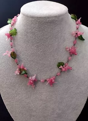 Vintage Venetian Murano Glass Bird Flower And Pink Bead Necklace • $65