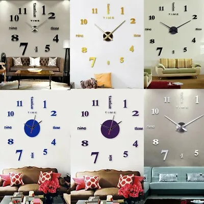 Large DIY 3D Frameless Number Wall Clock Mirror Sticker Home Office Room Decor • £6.59