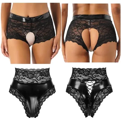 Women Lace PU Leather Briefs Crotchless Panties Underwear For Nightclub Party • £14