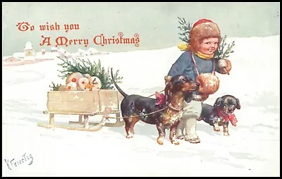 Christmas Greetings: Dachshund Dogs Pulling Sleigh. Unposted. L4 • £7.50