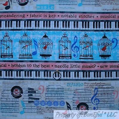 BonEful FABRIC FQ Cotton Quilt Blue Brown Music Note Keyboard Bird Border Stripe • $2.97