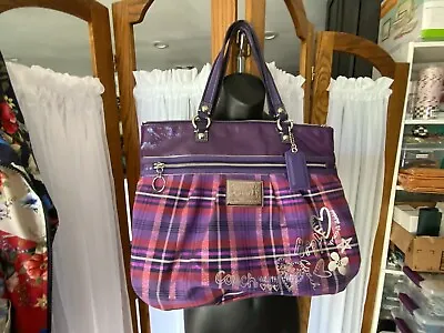 Coach EST 1941 Tote Shoulder Bag 13  Poppy Plaid Purple Stylish Spotlight Purse • $69