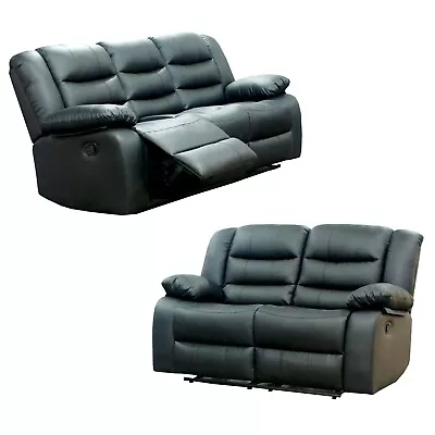 Black Leather Faux Recliner Sofa 3 + 2 /Corner Seater Set Couch Cup Holders Roma • £399